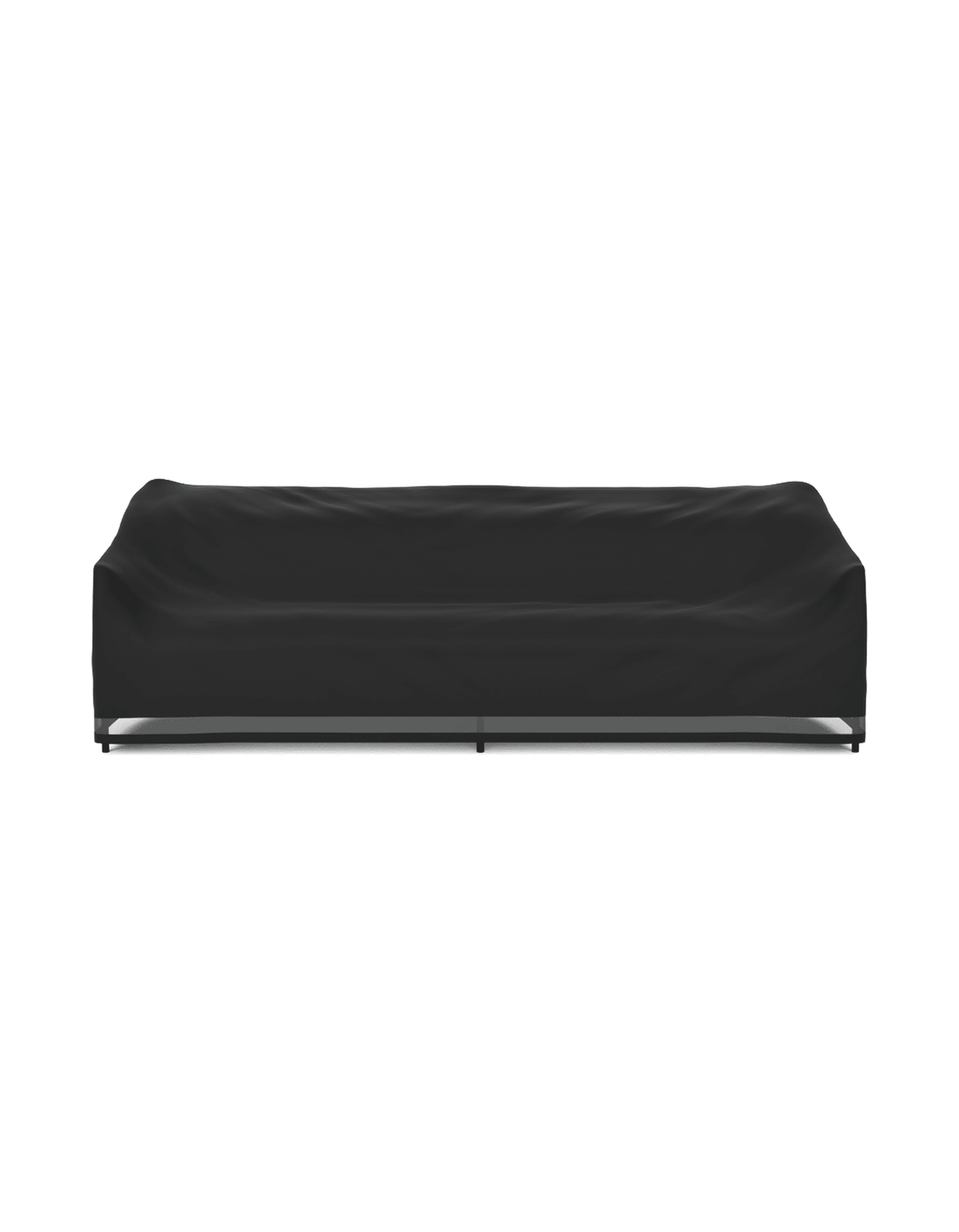 A black outdoor sofa cover shown from the front, covering a bench or lounge chair, on a solid white background.
