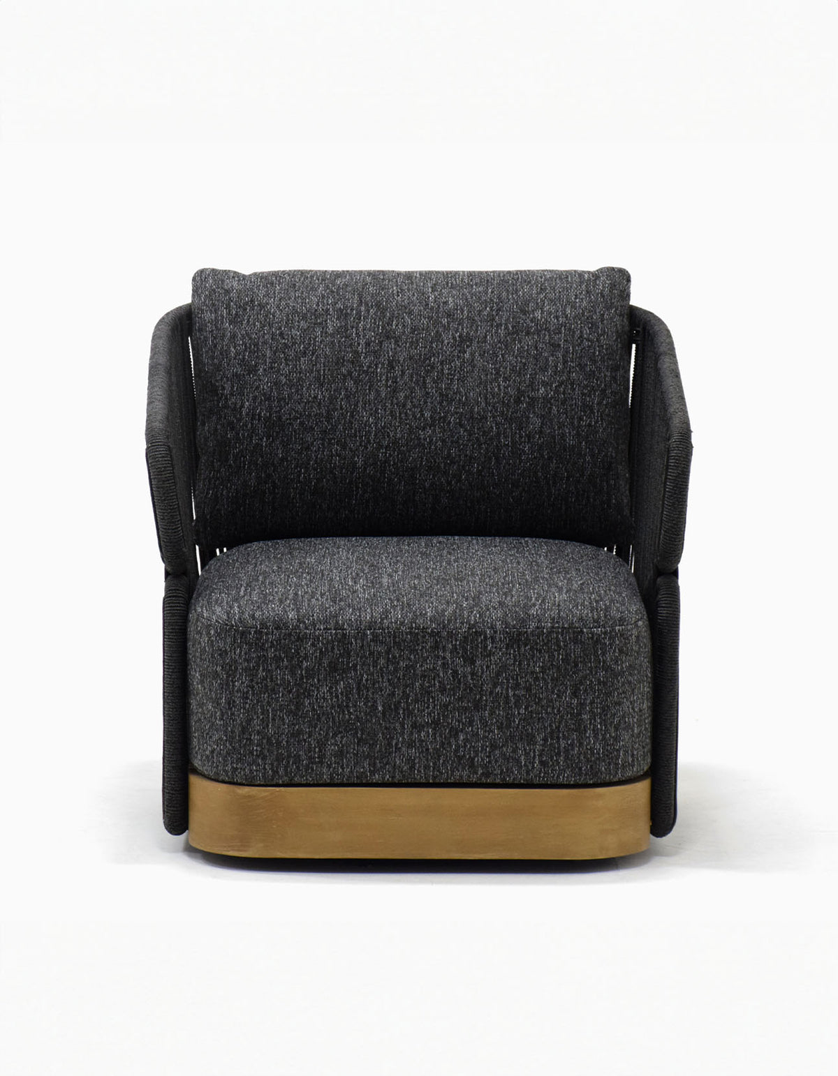 Merricks Swivel Lounge Chair in charcoal with a teak base, front view