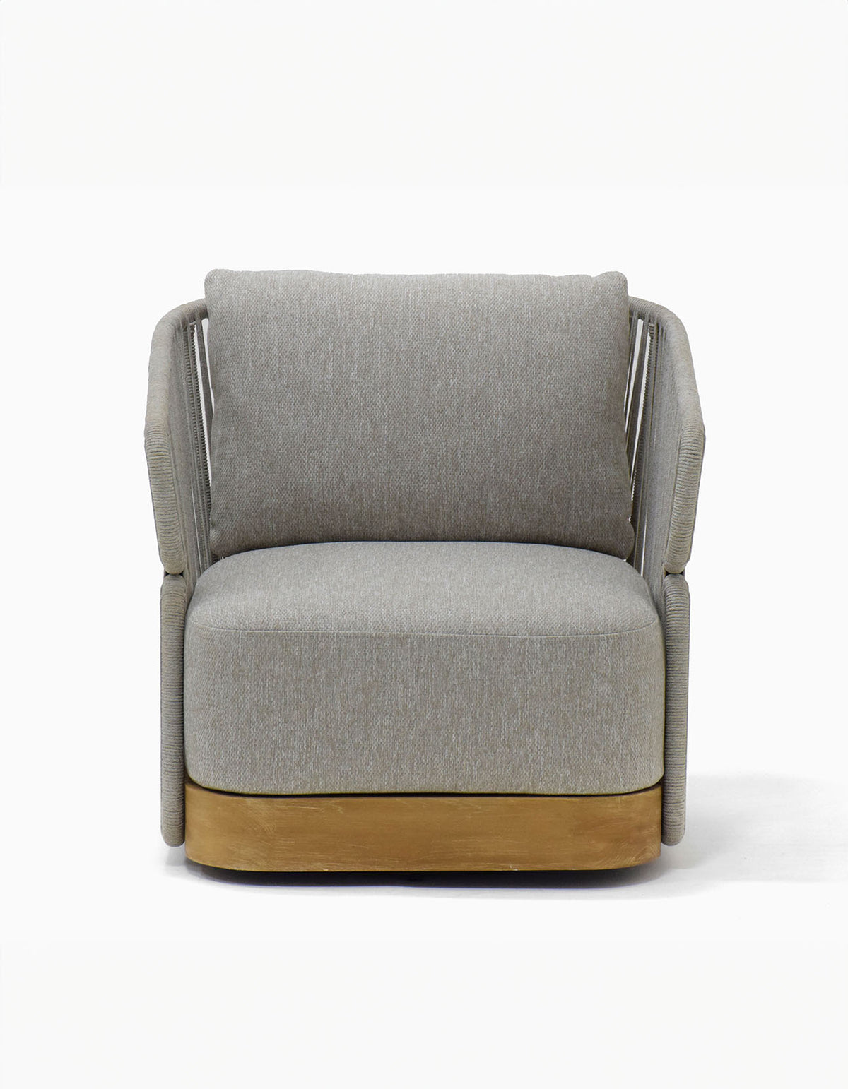 Merricks Swivel Lounge Chair in light grey with a teak base, front view