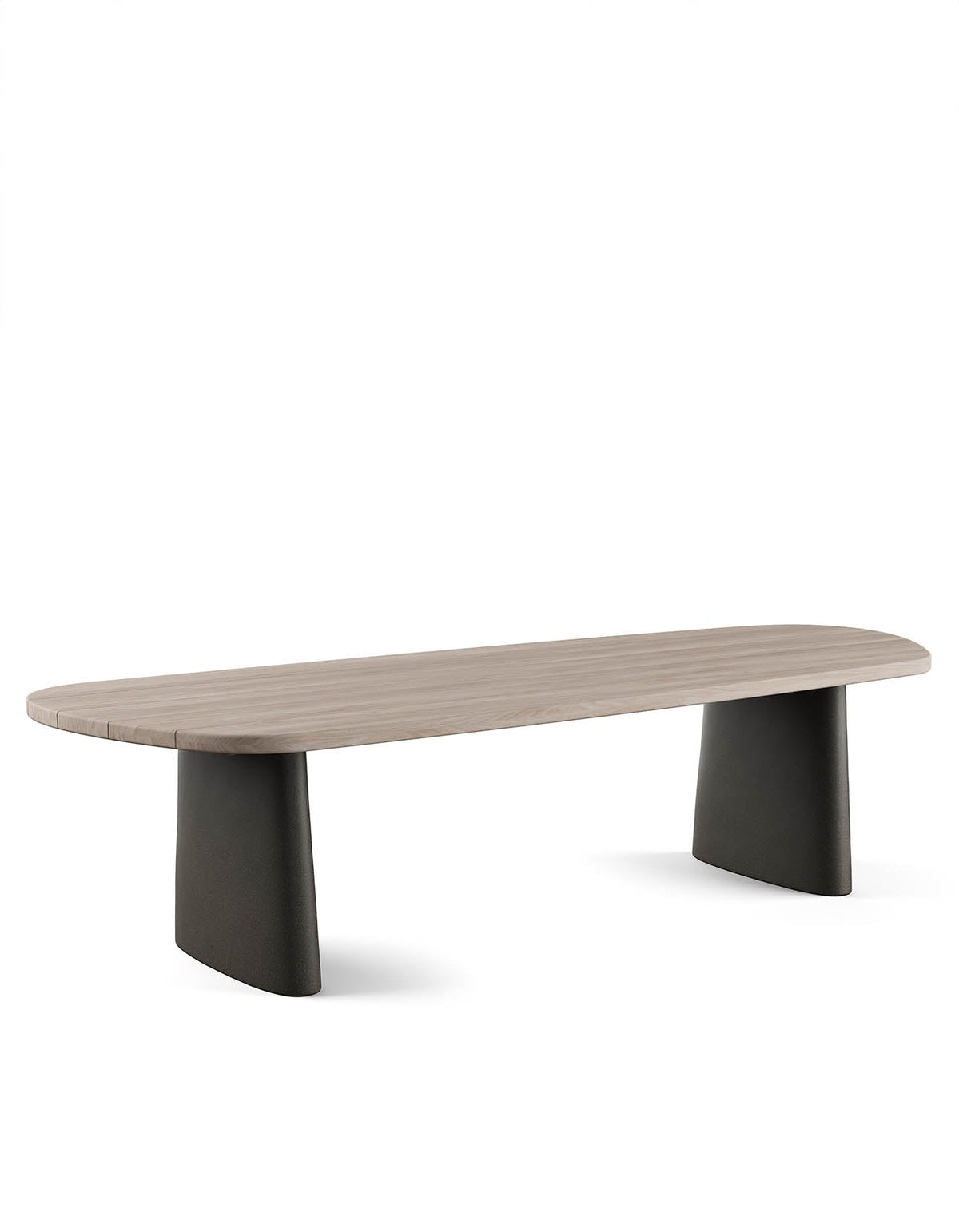 Mollymook Dining Table 300cm in Aged Teak with Graphite bases, angled view
