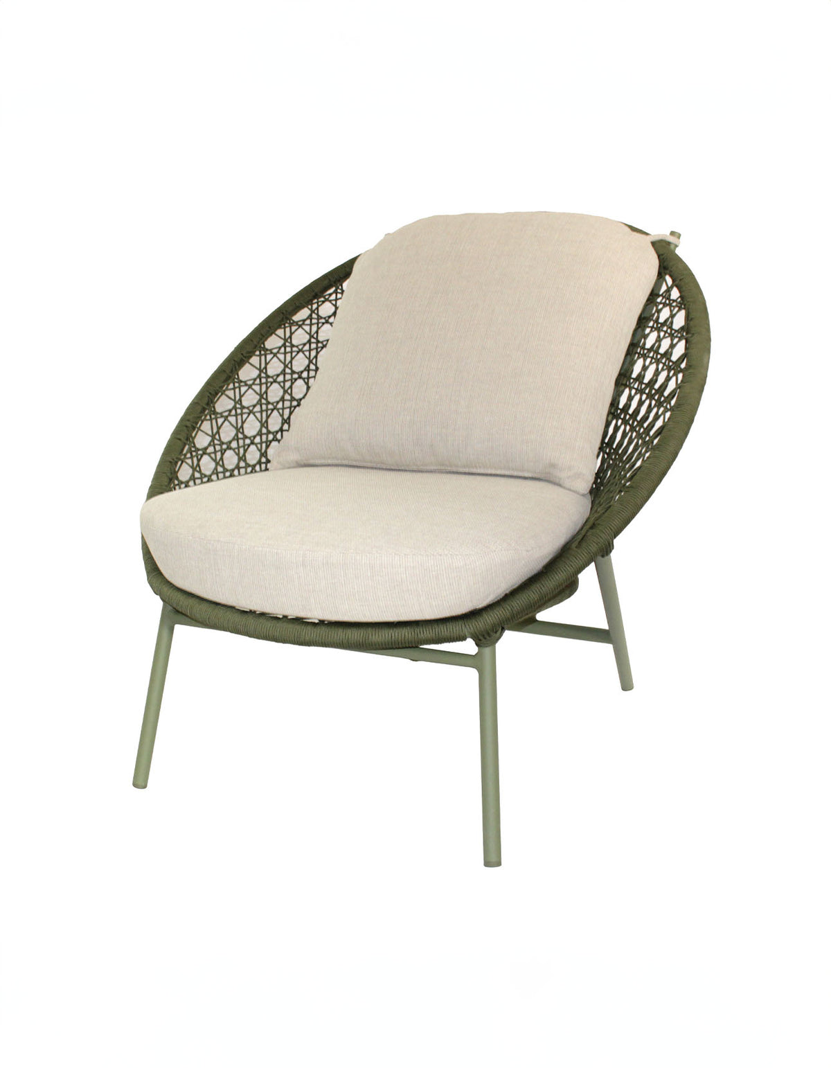 Ningaloo Lounge Chair in Moss with Melange Ivory cushions – round woven rope outdoor lounge chair