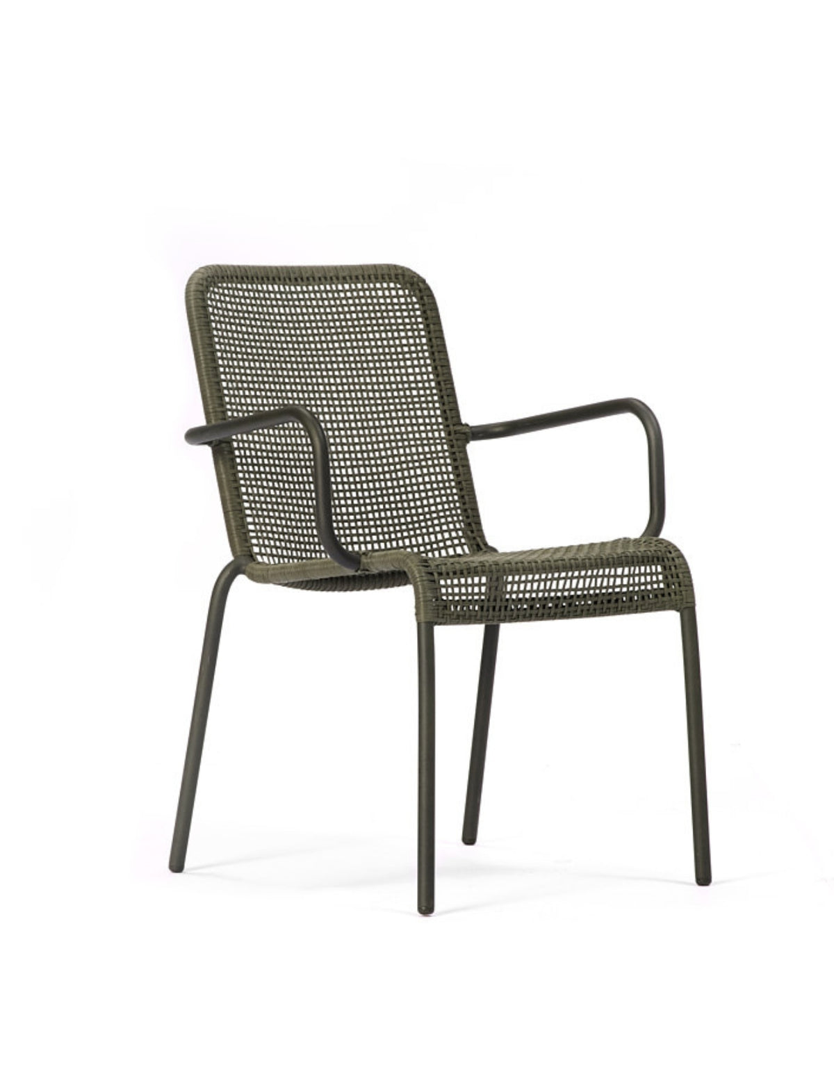 Ningaloo Stackable Dining Chair in Forest Green, woven rope outdoor dining chair, angled view