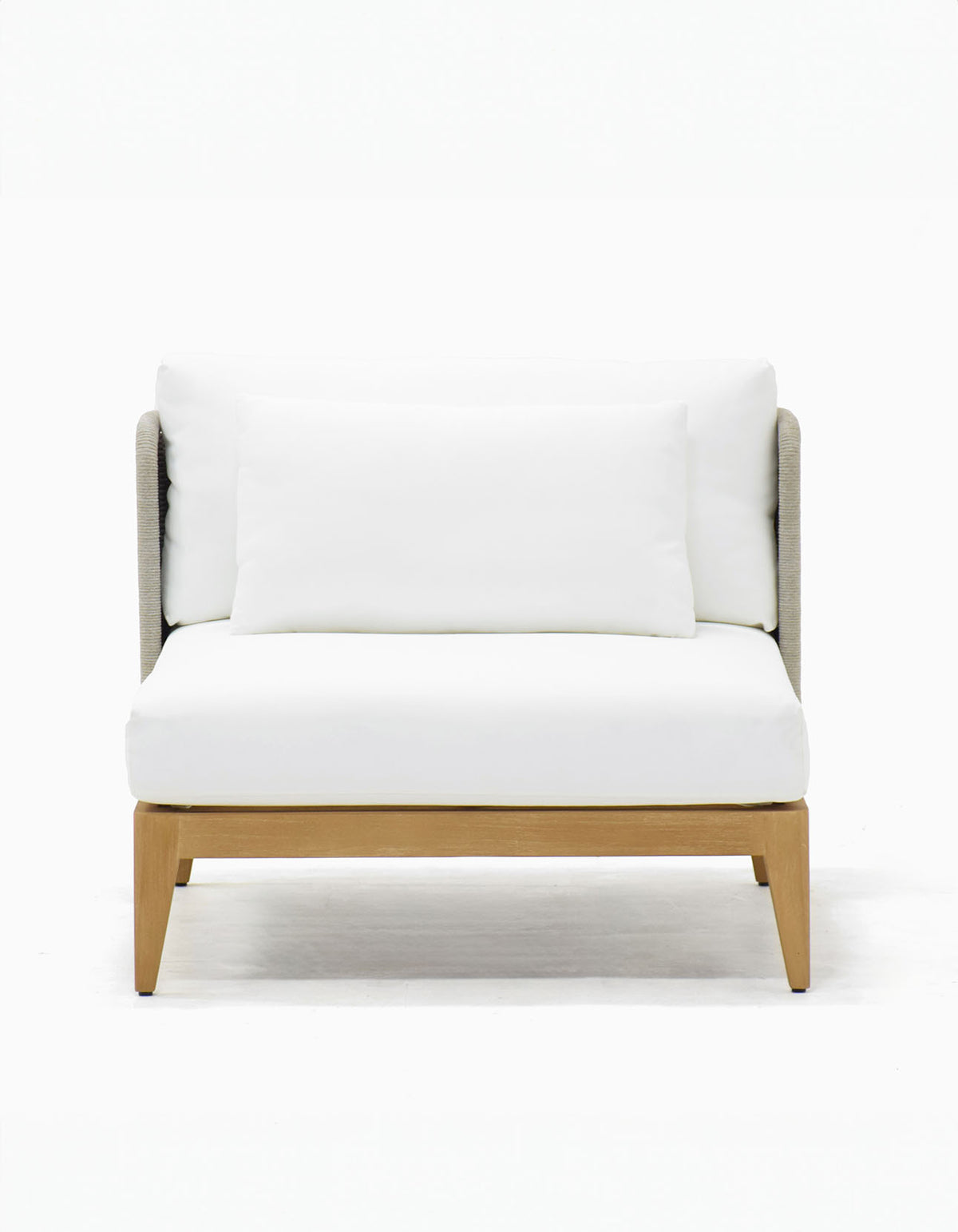 Noosa Lounge Chair with light grey rope and white cushions, front view