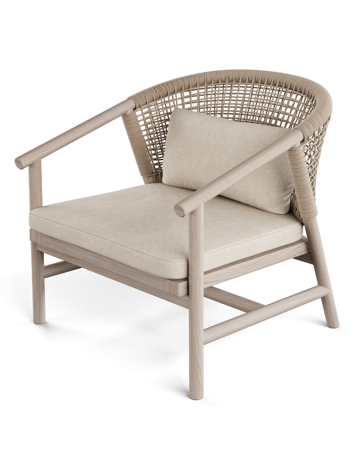 Shelley Lounge Chair – teak outdoor lounge chair with a curved woven rope back and cushions