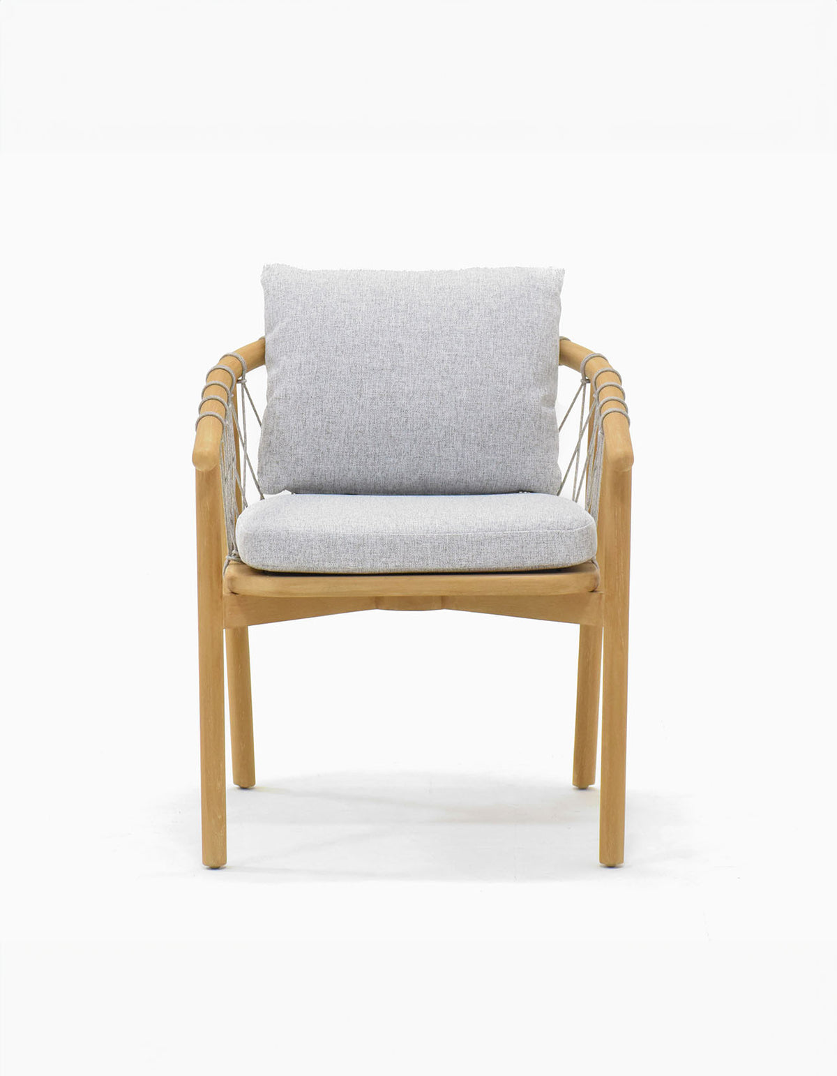 Wategos Dining Chair – teak outdoor dining chair with laced rope back and light grey cushions, front view